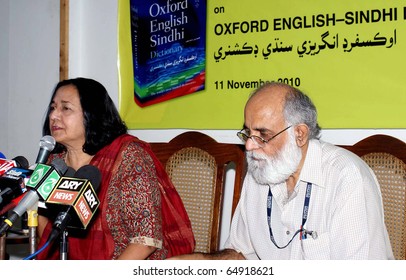 HYDERABAD, PAKISTAN - NOV 11: Oxford Uni, Press Managing Dir, Ameena Syed, along with Badar Abro, addresses press conference about Oxford English-Sindhi Dictionary on November 11, 2010 in Hyderabad, Pakistan.