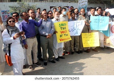 HYDERABAD, PAKISTAN - NOV 16: Federation of All Pakistan Universities Academic Staff Association are holding protest for increase in annual budget of Universities, on November 16, 2021 in Hyderabad.