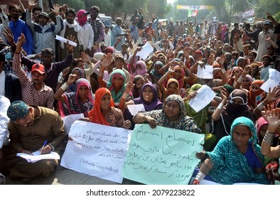HYDERABAD, PAKISTAN - NOV 22: Members of Hindu Community are holding protest 
demonstration against high handedness of builder mafia, at press club on November 22, 2021 in Hyderabad.
