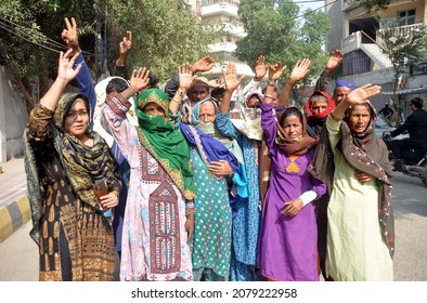 HYDERABAD, PAKISTAN - NOV 22: Residents of Nooriyabad are holding protest 
demonstration against encroachment drive in their area, at press club on November 22, 2021 in Hyderabad.