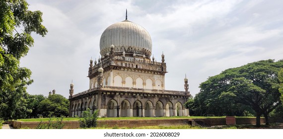 Hyderabad, Telangana, India - August 16, 2021: View of the Qutub Shahi Tombs that are located in the Ibrahim Bagh, in Hyderabad, Telangana, India
