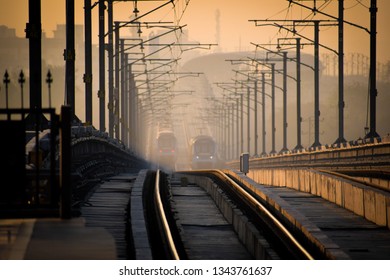 Hyderabad, Telangana/India – Mar 20 2019: Hyderabad Metro In The Early Morning