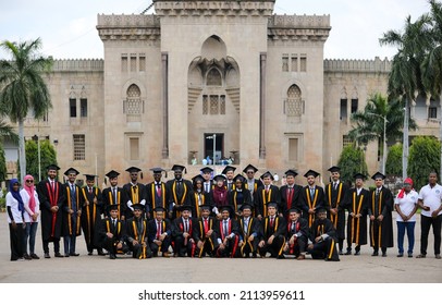 Hyderabad, TG India - April 08 2021: Girls And Boys Celebrating Graduation Day, Convocation Portraits After Covid Pandemic