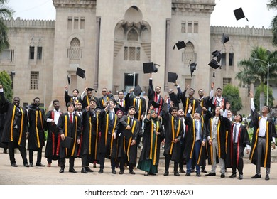 Hyderabad, TG India - April 08 2021: Girls And Boys Celebrating Graduation Day, Convocation Portraits After Covid Pandemic