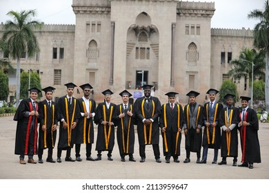 Hyderabad, TG India - April 08 2021: Girls And Boys Celebrating Graduation Day, Convocation Portraits After Covid Pandemic