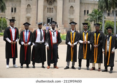 Hyderabad, TG India - April 08 2021: Girls And Boys Celebrating Graduation Day, Convocation Portraits After Covid Pandemic