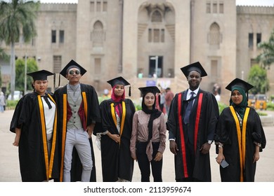 Hyderabad, TG India - April 08 2021: Girls And Boys Celebrating Graduation Day, Convocation Portraits After Covid Pandemic