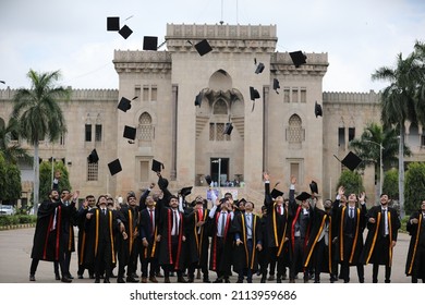 Hyderabad, TG India - April 08 2021: Girls And Boys Celebrating Graduation Day, Convocation Portraits After Covid Pandemic