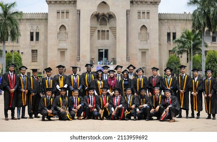 Hyderabad, TG India - April 08 2021: Girls And Boys Celebrating Graduation Day, Convocation Portraits After Covid Pandemic