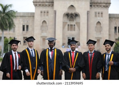 Hyderabad, TG India - April 08 2021: Girls And Boys Celebrating Graduation Day, Convocation Portraits After Covid Pandemic