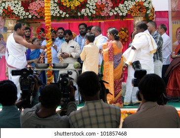 HYDERABAD,AP,INDIA-APRIL 01:Hindu devotees of Gaddiannaram Arya Vysya Sangam: celebrating Sri Sita Rama Kalyanam at Lalitha Kala Thoranam on April 01,2012 in Hyderabad,Ap,India.