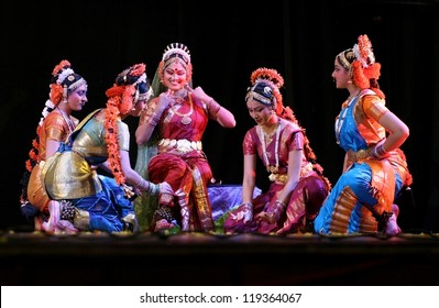 HYDERABAD,AP,INDIA,NOVEMBER 18:Disciples of Dr padma sri sobhanaidu perform Jagadanandakaraka,Kuchipudi dance ballet,mythological ramayanam story on November 18,2012 in Hyderabad,India.