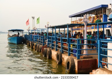 HYDERABAD,INDIA -April 14, 2022: Hussain Sagar Lake Hyderabad, The largest artificial lake in Asia was excavated in 1562 AD during the reign of Ibrahim Quli Qutub Shah. A Boat ride for the lake.