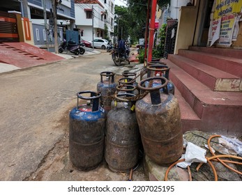 Hyderabad,India- August 6th 2022; Bunch Of Old Rusty LPG Gas Cylinders For Kitchen Cooking Kept Outside Of The Gas Station Or Store For Filling Gas.Picture Captured Under Natural Light.focus On Object