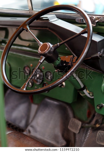 HYDERABAD,INDIA-AUGUST 15:\
Closeup view of antique jeep in show and display outdoors on Indian\
Independence day  on August 15,2018 in Hyderabad,India             \
                 \
