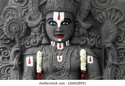 HYDERABAD,INDIA-DECEMBER 19:Closeup view of Hindu god Balaji or venkateswara statue ,decoration during festival in a  temple  on December 19,2018 in Hyderabad,India           