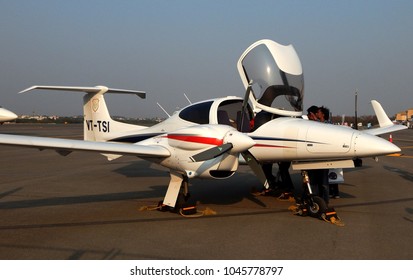 
HYDERABAD,INDIA-MARCH 8: Visitors  Have A Look At Helicopter Exhibit In Wings India 2018,flagship Biennial Event On Civil Aviation,on March 8,2018 In Hyderabad,India.                               