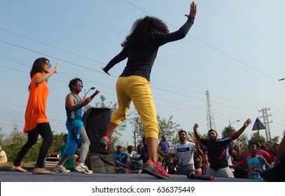 HYDERABAD,INDIA-MAY 7: Trainer Teach Zumba Dance On Physical Literacy Days,Sunday Mornings On Open Roads With No Traffic On May 7,2017 In Hyderabad,India                               