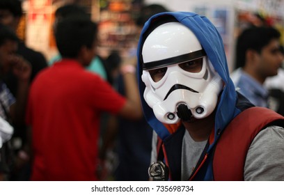HYDERABAD,INDIA-OCTOBER 14:Closeup Portrait Of An Indian Man With Face Mask As In Comic Story In Hyderabad Comic Con 2017 On October 14,2017 In Hyderabad,India