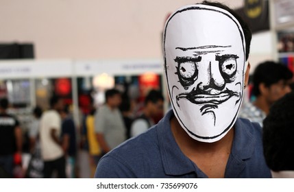 HYDERABAD,INDIA-OCTOBER 14:Closeup Portrait Of An Indian Man With Face Mask As In Comic Story In Hyderabad Comic Con 2017 On October 14,2017 In Hyderabad,India