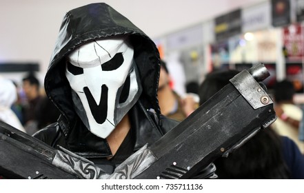 HYDERABAD,INDIA-OCTOBER 14:Closeup Portrait Of An Indian Man With Face Mask As In Comic Story In Hyderabad Comic Con 2017 On October 14,2017 In Hyderabad,India