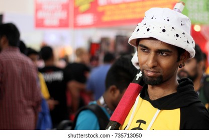 HYDERABAD,INDIA-OCTOBER 14:Closeup Portrait Of An Indian Man With Head Gear As In Comic Story In Hyderabad Comic Con 2017 On October 14,2017 In Hyderabad,India
