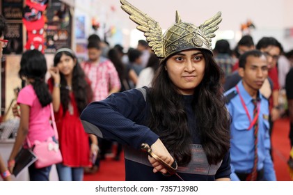 HYDERABAD,INDIA-OCTOBER 14:Closeup Portrait Of An Indian Woman With Head Gear As In Comic Story In Hyderabad Comic Con 2017 On October 14,2017 In Hyderabad,India