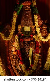 HYDERABAD,INDIA-OCTOBER 22:Statue of Hindu God Balaji or venkatesa or venkateswara  in a temple,as in mythology on October 22,2017 in Hyderabad,India                               