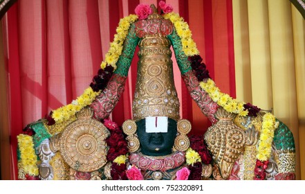HYDERABAD,INDIA-OCTOBER 29:Closeup of  Hindu God Sri Balaji or venkateswara  statue in temple on October 29,2017 in Hyderabads,India.       