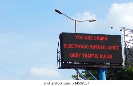 HYDERABAD,INDIA-SEPTEMBER 10:Traffic sign Digital LED display Info board about CCTV and safety on September 10,2017 in Hyderabad,India                               
