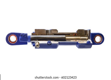 hydraulic cylinder cutaway allows you to understand the structure and operating principle of the device/modern hydraulic cylinder cutaway closeup on white background