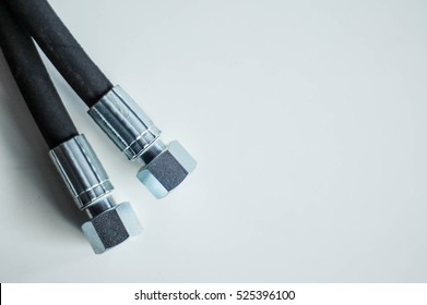 Hydraulic Metal Hose Ends On White Background. Closeup Macro Detail