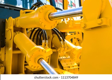 Hydraulic piston system for bulldozers, tractors, excavators, chrome plated cylinder shaft of yellow machine, construction heavy industry detail