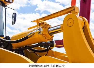 Hydraulic piston system for bulldozers, tractors, excavators, chrome plated cylinder shaft of yellow machine, construction heavy industry detail