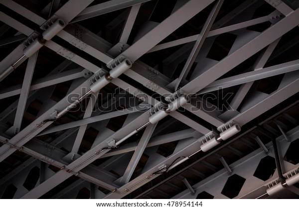 Hydraulics bridge. black\
and white vintage steel bridge. Wooden ceiling texture with black\
and white.