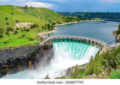 Hydro Electric Dam Spilling Water Open Gates