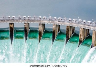 Hydro Electric Dam Spilling Water Open Gates