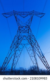 Hydro Electricity Transmission Tower At Dusk, Quebec, Canada