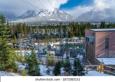 Hydro Power Plant In Canmore In Winter Season Sunny Day Morning. Canmore, Alberta, Canada.