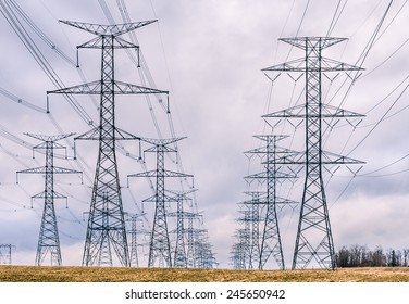 Hydro Towers Carrying Power From The Generating Plant To Consumers Fade Into The Distance.