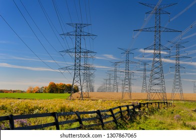 Hydro Towers From The Pickering Nuclear Power Plant Running Through Farm Fields Of Ontario