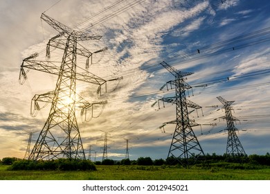 Hydro transmission towers and electricity power lines in the morning