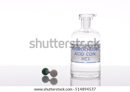 Hydrochloric acid solution with chemical structure model.