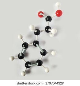 Hydrocinnamic acid molecular structure isolated on white background. Chemical formula is C9H10O2.