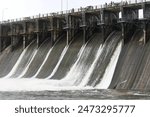 Hydroelectric dam on the river with water overflowing the dam after heavy rain.   water discharge from the reservoir. Floods, Quality images, Reservoir overflow, River overflow Beautiful pictures.