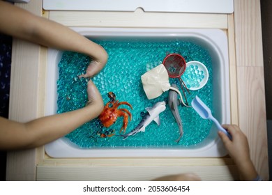 Hydrogel Sensory Box, Baby Hands Play With Blue Hydrogel And Marine Life Toys, Toy Sharks And Crab. Sensory Development And Montessori