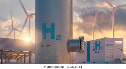 Hydrogen energy storage gas tank with solar panels, wind turbine and energy storage container unit in background at sunset - Shutterstock ID 2133921961