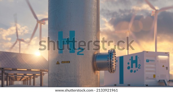 Hydrogen\
energy storage gas tank with solar panels, wind turbine and energy\
storage container unit in background at\
sunset