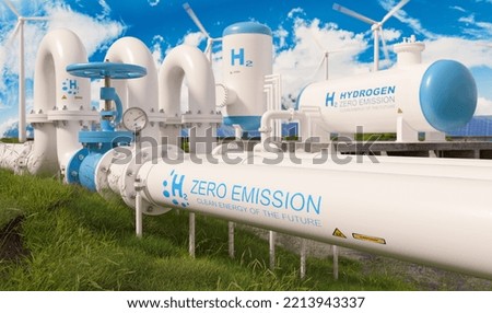 hydrogen energy storage system accompaind by large gas pipeline and solar power plant and wind turbine park in sunny summer afteroon light with blue sky and scattered clouds