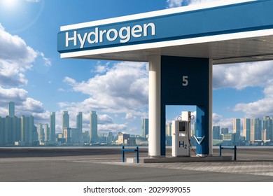 Hydrogen filling station on a background of modern city landscape. Concept